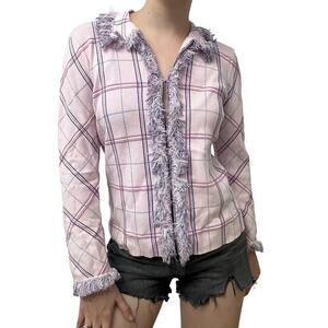 Vintage Cardigan Sweater Pink Purple Plaid Fringe Preppy Coquette Size Small